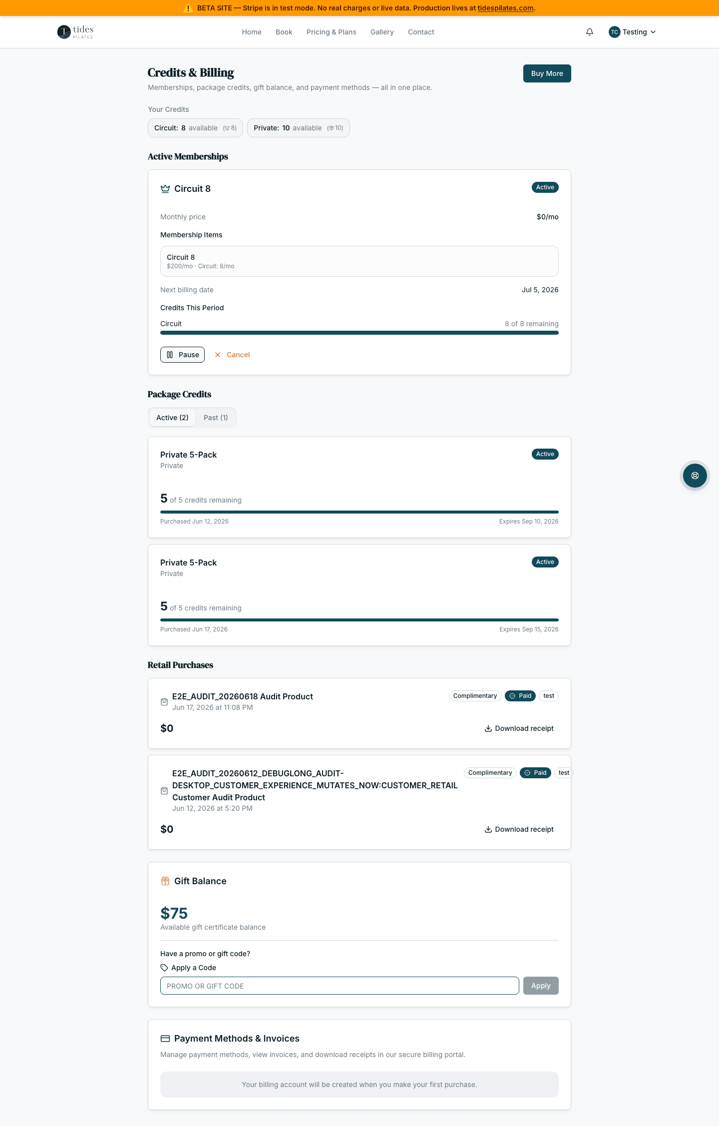 Client billing page with membership and payment status