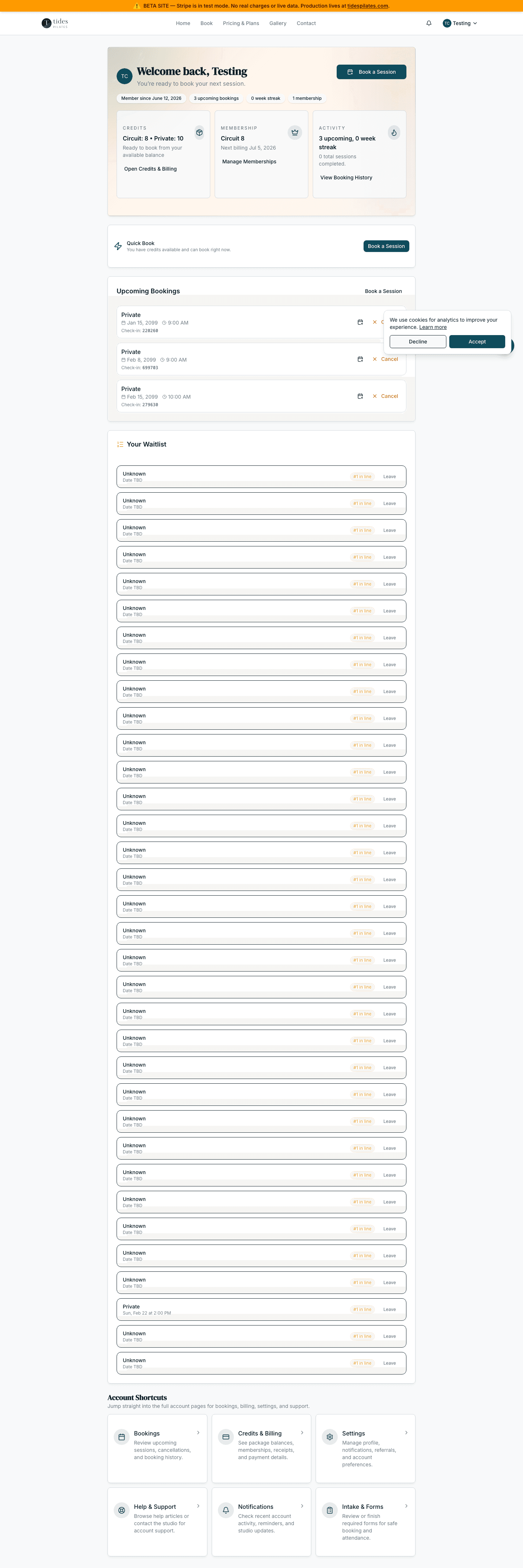 Client account dashboard with upcoming bookings and account status