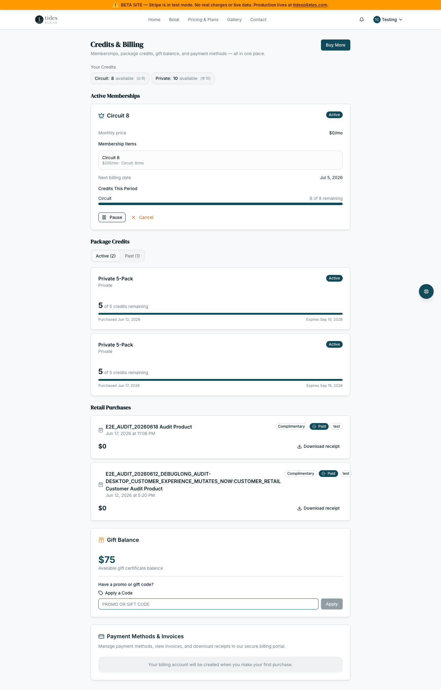 Client packages page with package cards and expiration details