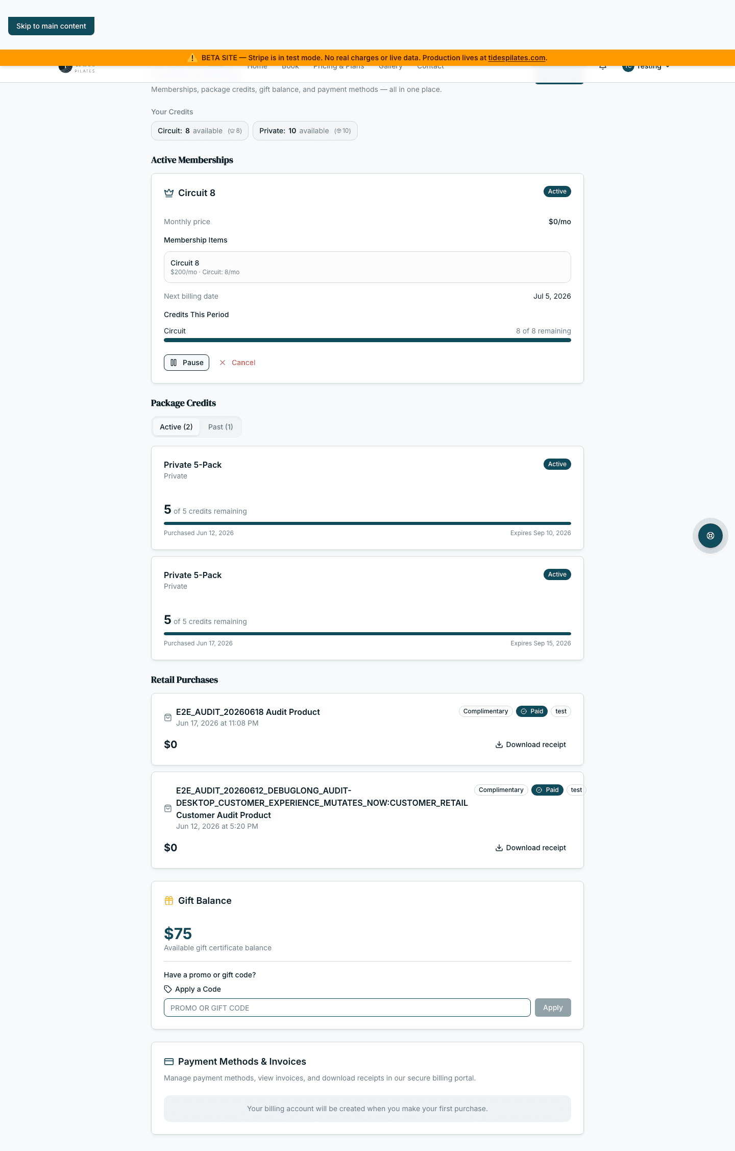 Client redemption page for applying a gift certificate