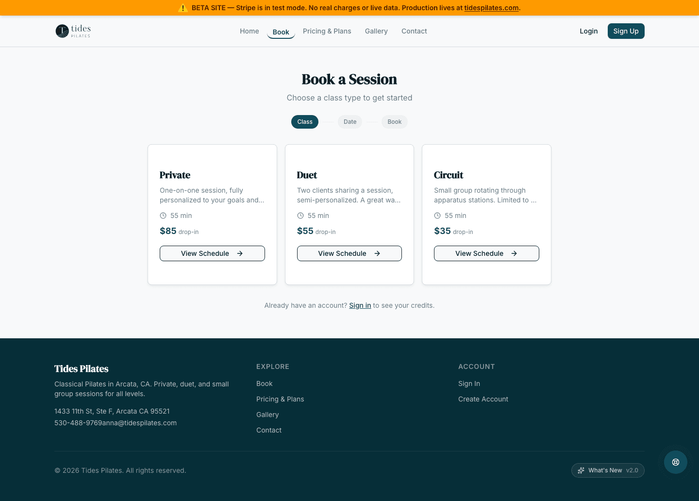 Public booking page with class selection and available sessions