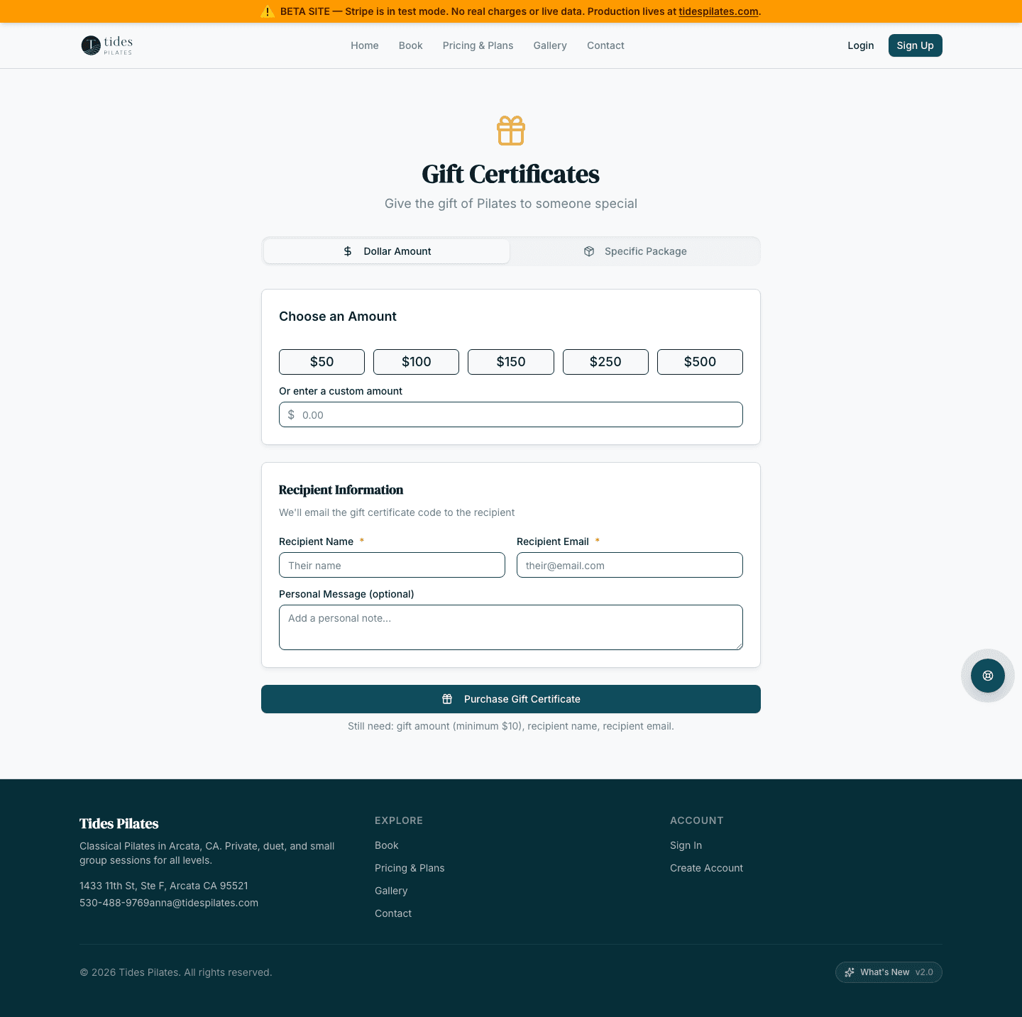 Public gift certificate purchase page